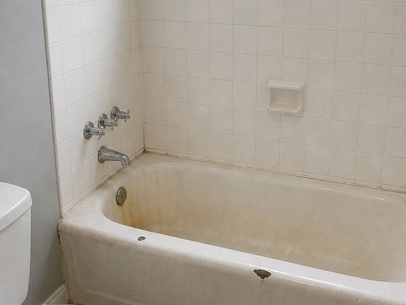 Worn cast-iron bathtub with rust stains in a Fairway Park home before reglazing, Hayward