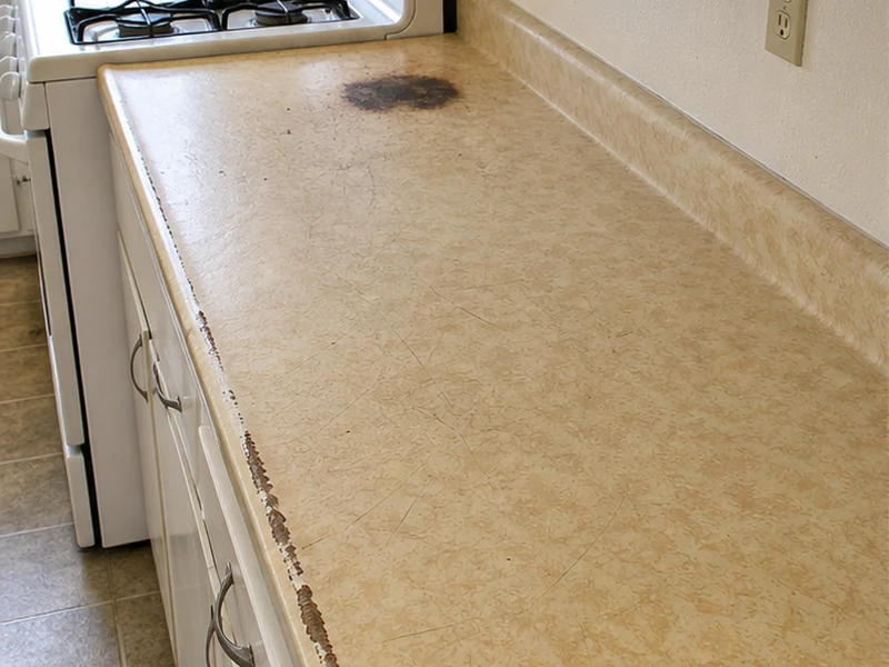 Worn 1970s almond laminate kitchen countertop with a burn mark in a Glen Eden home before refinishing, Hayward