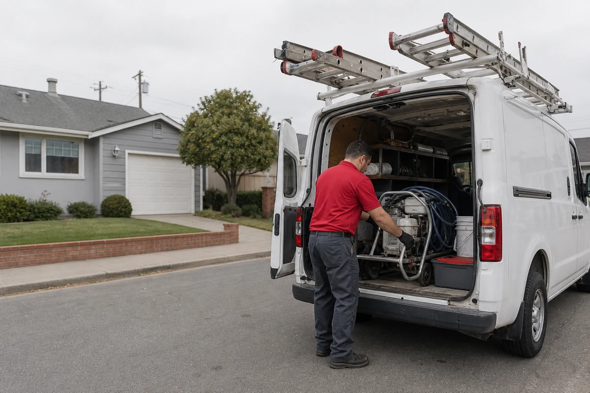 Refinishing work van parked outside a single-story tract home on a Hayward, CA street