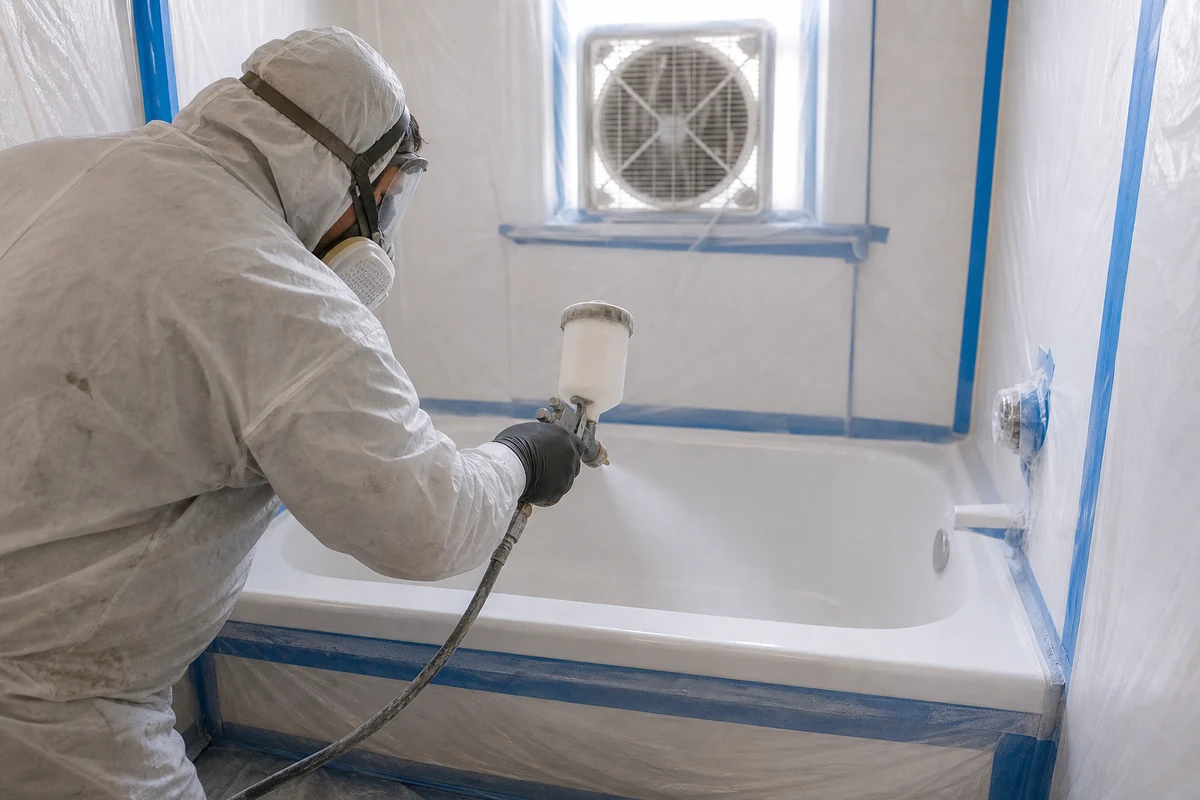 Technician in a respirator spraying an even white acrylic-urethane coat on a tub in a Hayward, CA bathroom