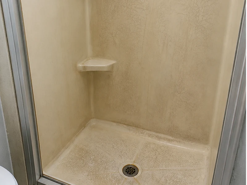 Faded crazed fiberglass shower stall in a Cherryland rental before refinishing, Hayward