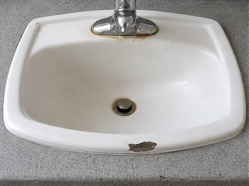 Chipped white porcelain bathroom sink with a rust ring on a Mt. Eden vanity before reglazing, Hayward