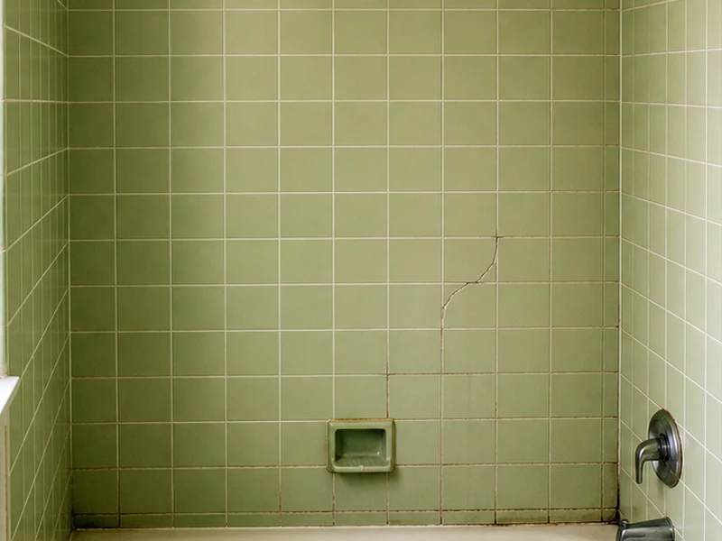 Dated avocado-green ceramic tub surround with dingy grout in a Southgate bathroom before reglazing, Hayward